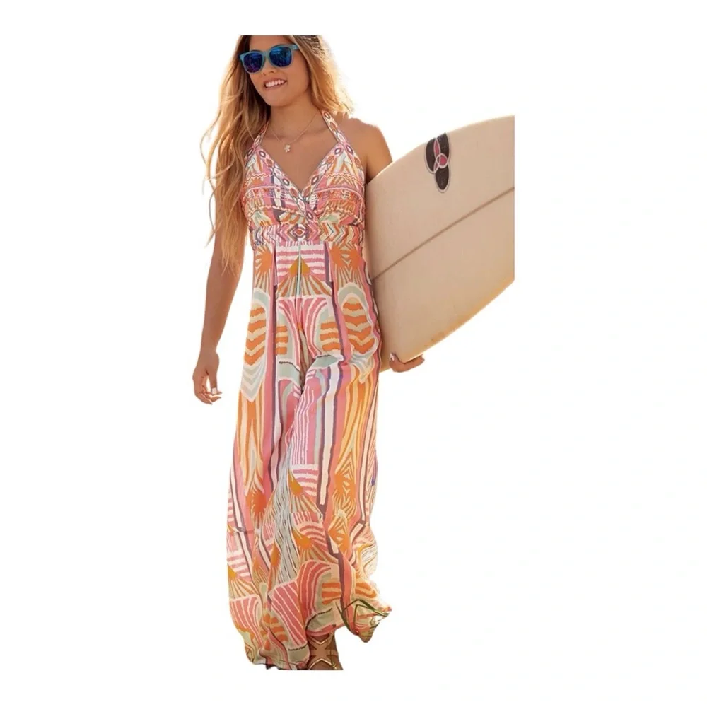 Multicolor Patterned Women's Lined Halter Maxi Dress Size Small 💯% Rayon - Picture 1 of 14